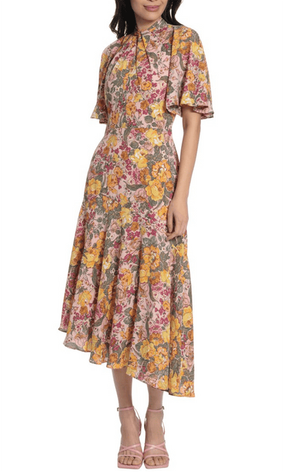 Maggy London G5242M - Asymmetrical Floral A-line Dress Special Occasion Dress 0 / Salmon Carrot
