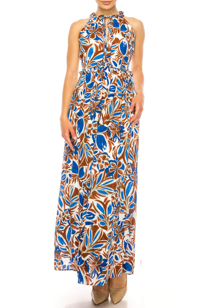 Maggy London Floral Halter Keyhole Maxi Dress WHT Royal Blue / 14