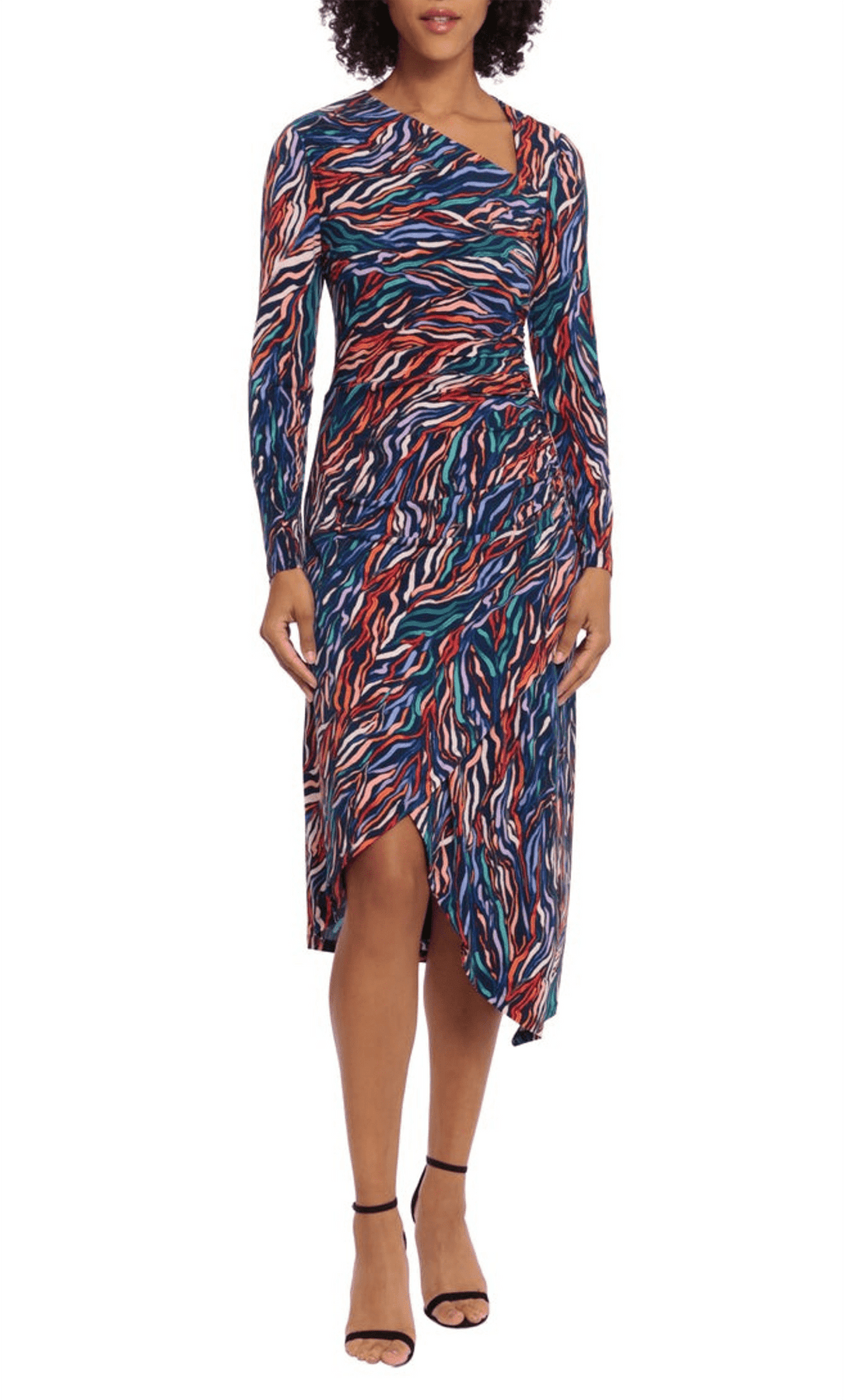 Maggy London Asymmetric Neckline Multi Color Midi Dress NAVY TANGERINE PERI / 18 Maggy London Asymmetric Neckline Multi Color Midi Dress NAVY TANGERINE PERI / 18