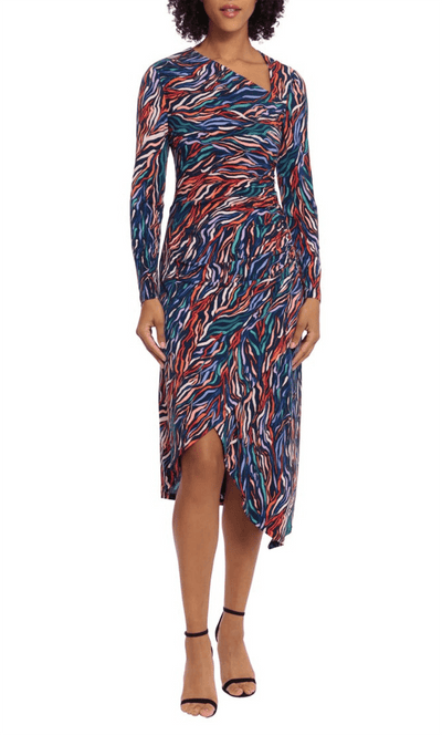 Maggy London G5602M - Printed Faux Wrap Dress Special Occasion Dress 0 / Navy Tangerine Peri