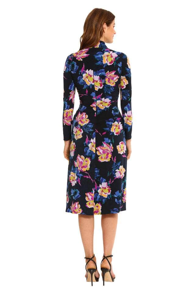 fitted lace wedding dress Maggy London Stretch Floral Mock Neck Long Sleeve Dress, Womens, 16, Midnight Navy/French Blue