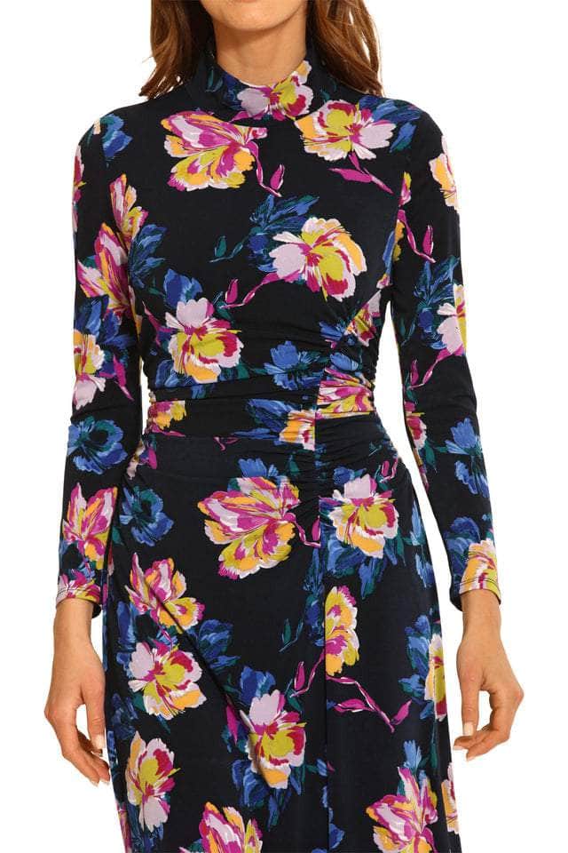 Maggy London Stretch Floral Mock Neck Long Sleeve Dress, Womens, 16, Midnight Navy/French Blue