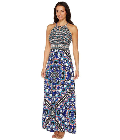 Maggy London T2658MNR Mixed Ikat Keyhole Cutout Halter Maxi Dress CCSALE 6 / White Royal