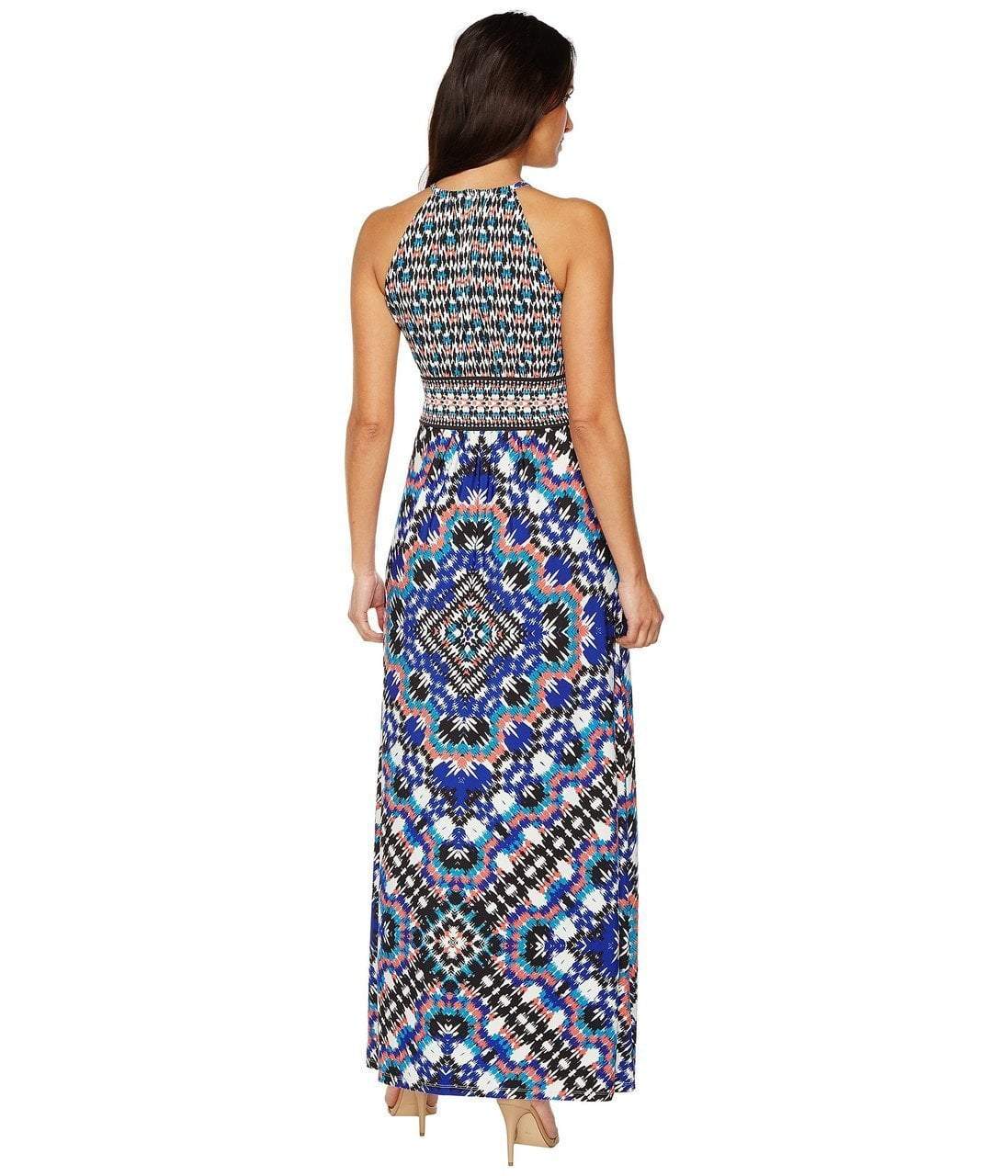 Maggy London T2658MNR Mixed Ikat Keyhole Cutout Halter Maxi Dress CCSALE 6 / White Royal