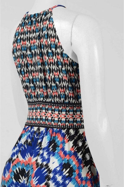 Maggy London T2658MNR Mixed Ikat Keyhole Cutout Halter Maxi Dress CCSALE 6 / White Royal