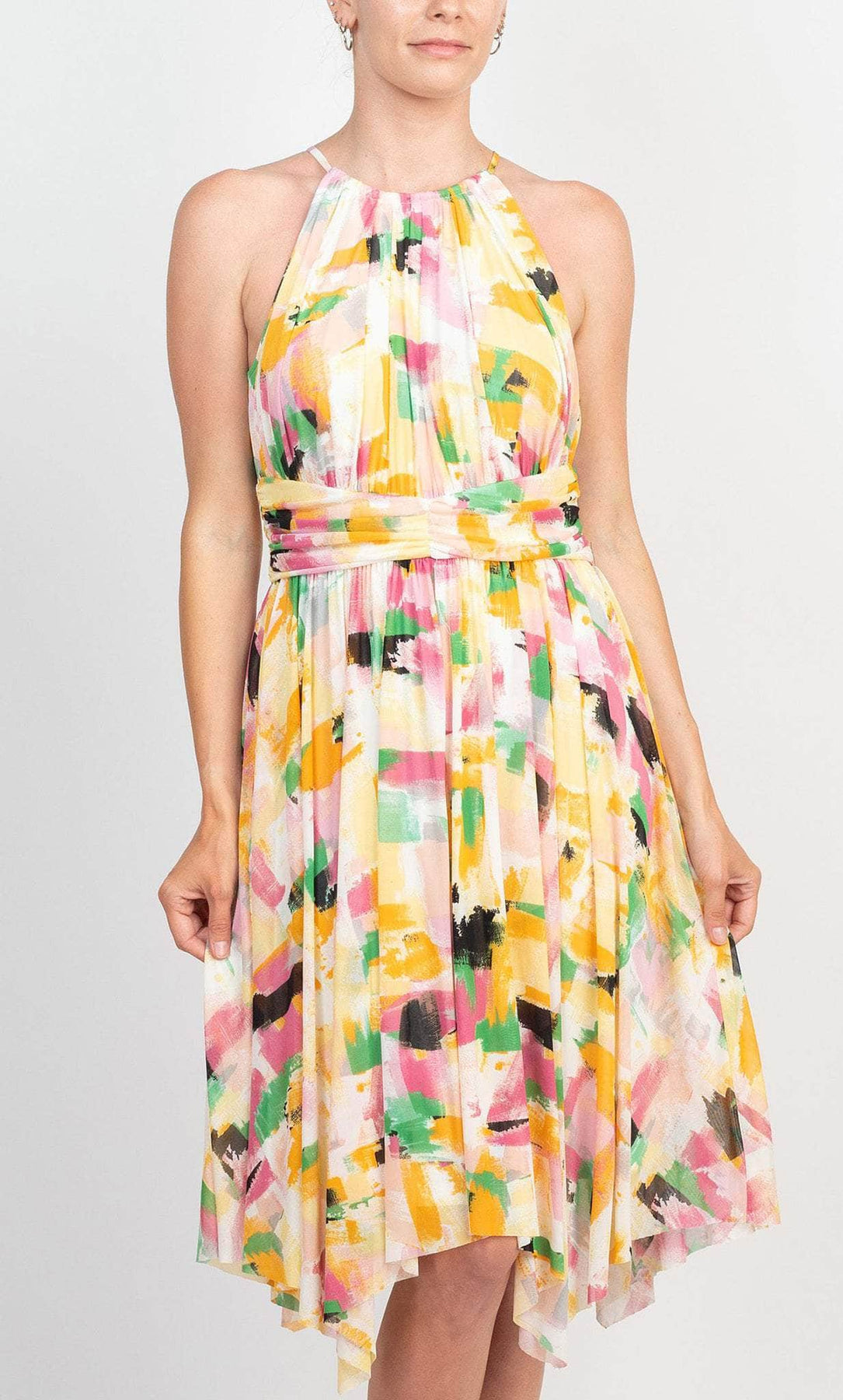 Maggy London T5673M - Knee-Length Mesh A-Line Dress - Sleeveless, Printed, Multicolor, Waist Band, Ruched, Keyhole Back ADASA Maggy London T5673M - Knee-Length Mesh A-Line Dress - Sleeveless, Printed, Multicolor, Waist Band, Ruched, Keyhole Back ADASA