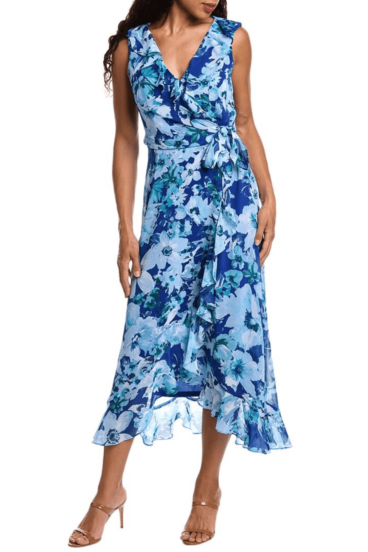 Maggy London T6891M - Tea-Length Crinkled Chiffon A-Line Dress - Sleeveless, Ruffled Neck, Side Waist Ribbon, Ruffled Hemline, Floral, High-Low Skirt ADASA Maggy London T6891M - Tea-Length Crinkled Chiffon A-Line Dress - Sleeveless, Ruffled Neck, Side Waist Ribbon, Ruffled Hemline, Floral, High-Low Skirt ADASA