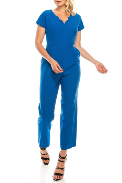Maggy London - G3823M Scalloped V-Neck Jumpsuit In Blue