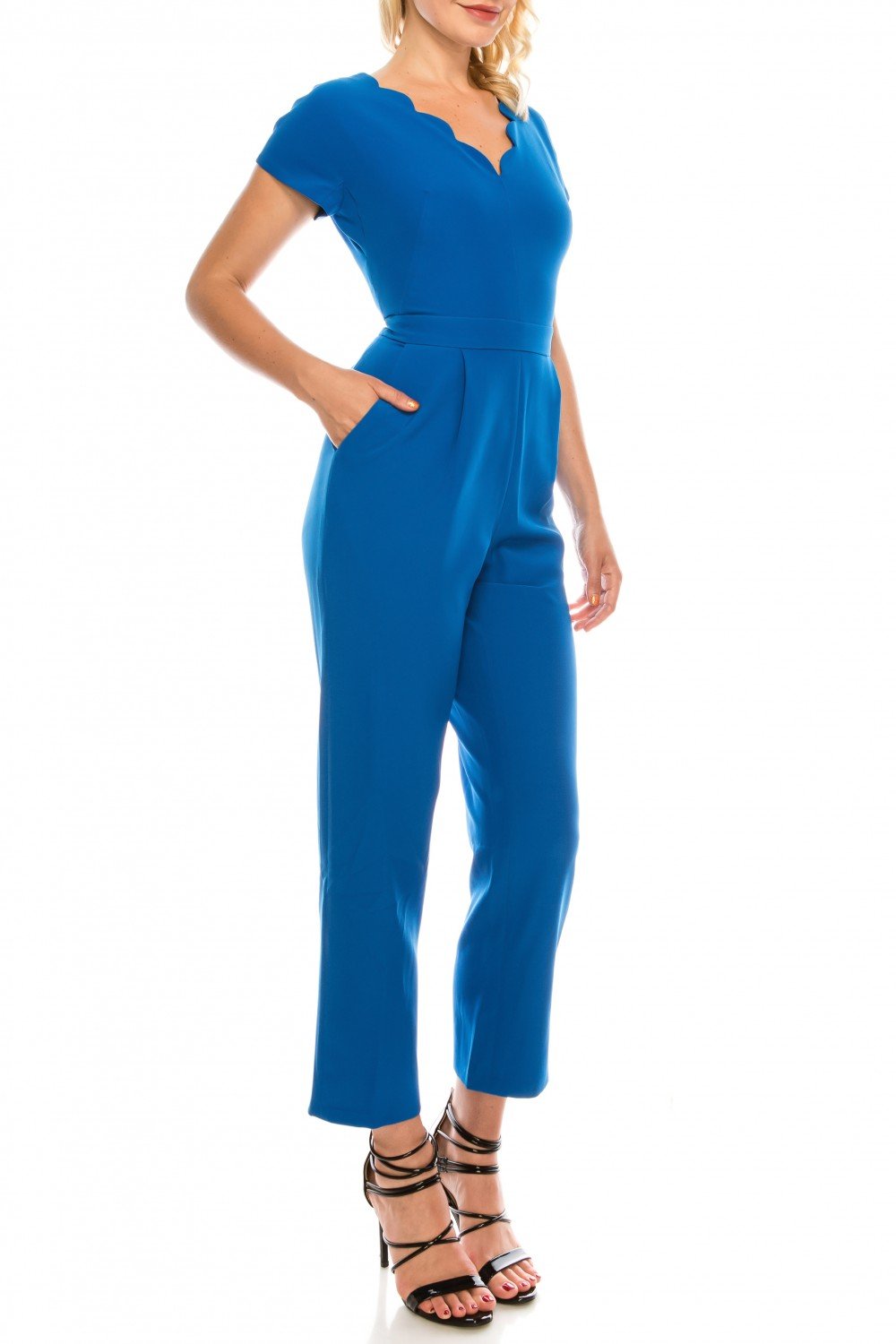 Maggy London - G3823M Scalloped V-Neck Jumpsuit In Blue