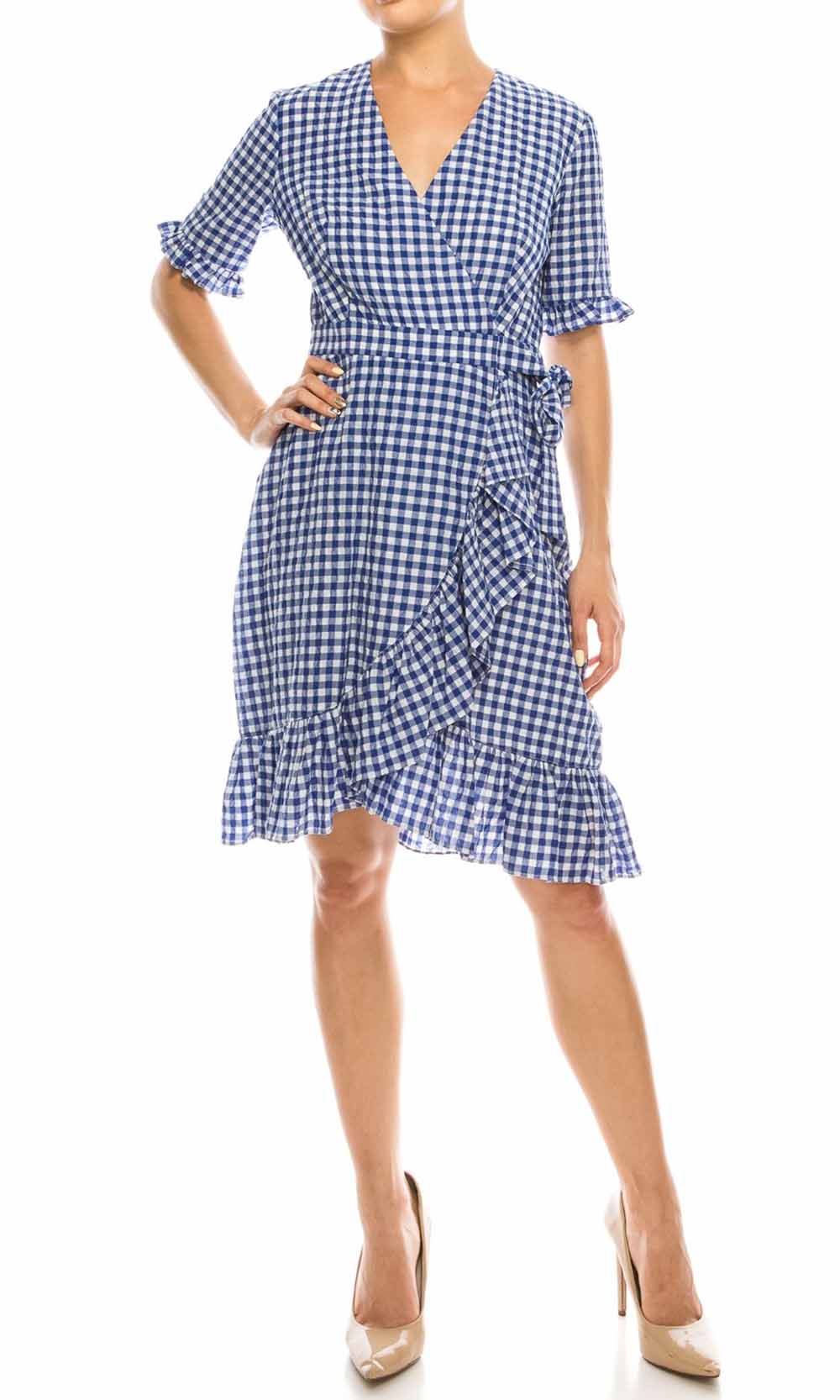 Maggy London - G3958M Gingham Print Ruffle Trimmed Dress In Blue and Print