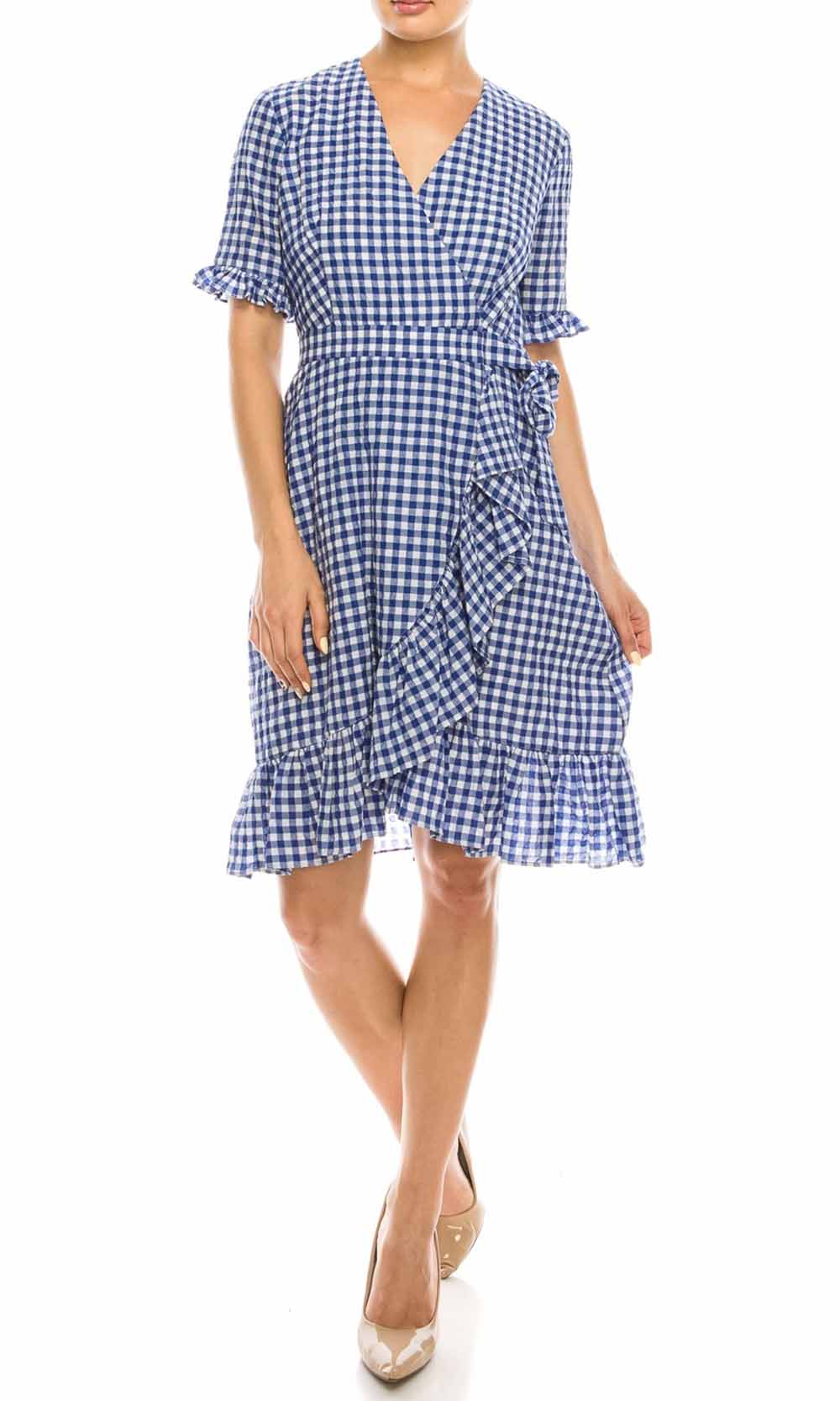 Maggy London - G3958M Gingham Print Ruffle Trimmed Dress In Blue and Print
