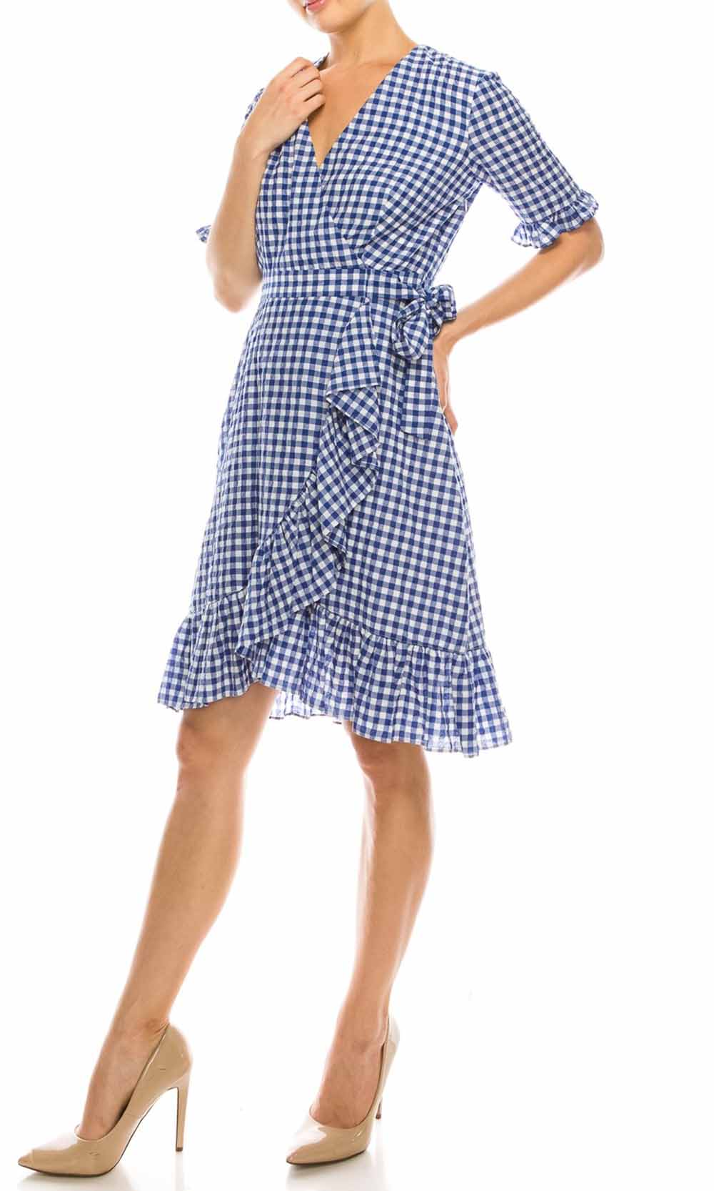 Maggy London - G3958M Gingham Print Ruffle Trimmed Dress In Blue and Print