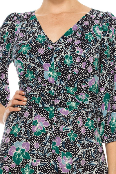 Maggy London - G4845M V-Neck Tea-Length Dress In Black and Purple
