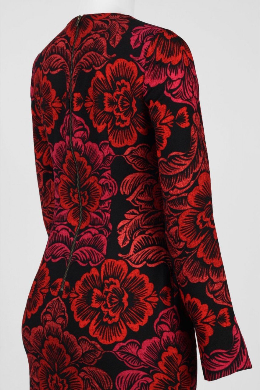 Maggy London - GSF03M Long Sleeve Floral Print Crepe Dress in Black and Red