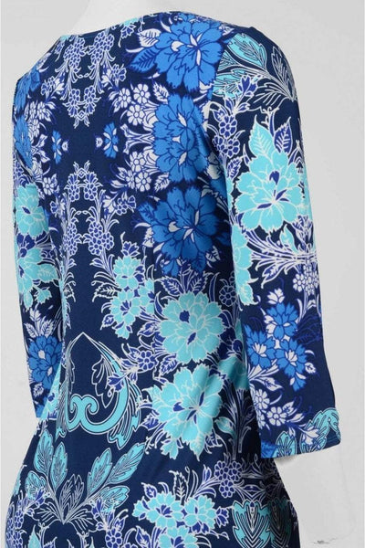 London Times - T2714MNR Quarter Sleeve Bateau Floral Dress in Blue