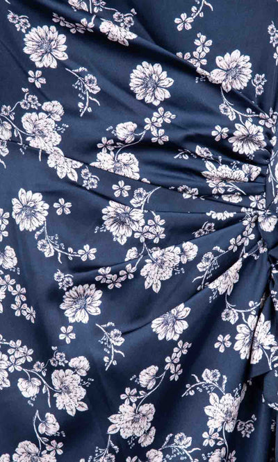 Maggy London - G3910M Tea Length Draped Floral Print Sheath Dress In Blue and Floral