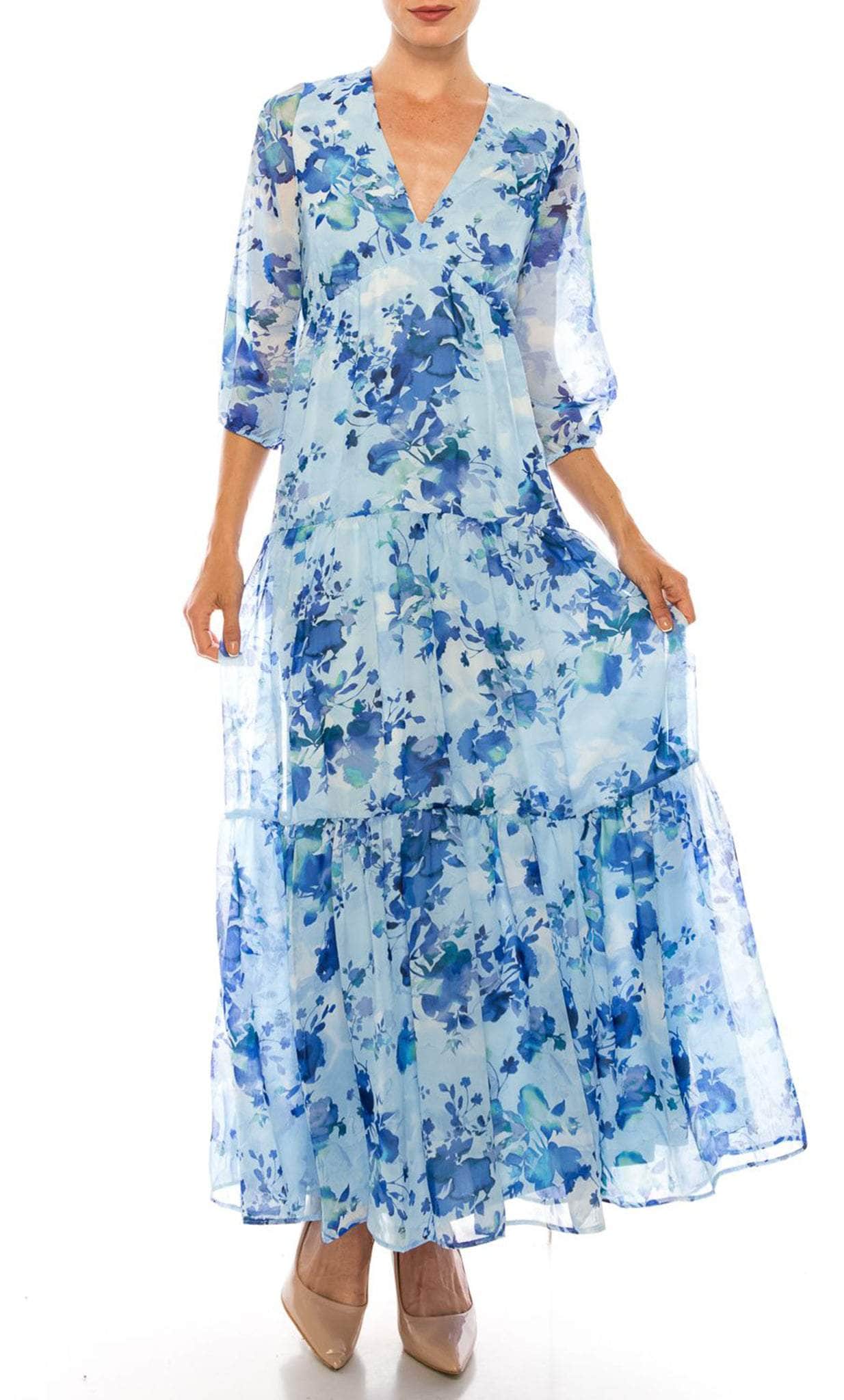 Maison Tara 58367MA - Deep V-Neck Floral Evening Dress Special Occasion Dress 0 / Ivory Aqua