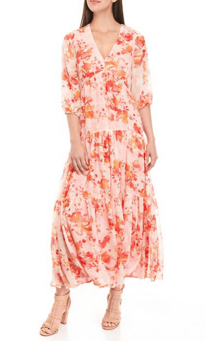 Maison Tara 58367MA - Deep V-Neck Floral Evening Dress Special Occasion Dress 0 / Ivory Blush Coral