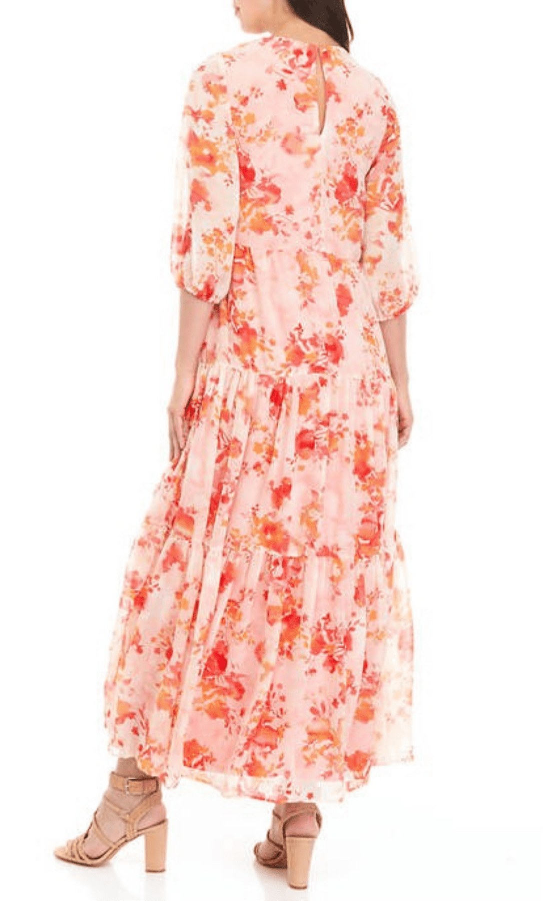 Maison Tara 58367MA - Long Chiffon A-Line Dress - Bishop Quarter Sleeve, Floral Print, Full Back, Keyhole, Tiered ADASA Maison Tara 58367MA - Long Chiffon A-Line Dress - Bishop Quarter Sleeve, Floral Print, Full Back, Keyhole, Tiered ADASA
