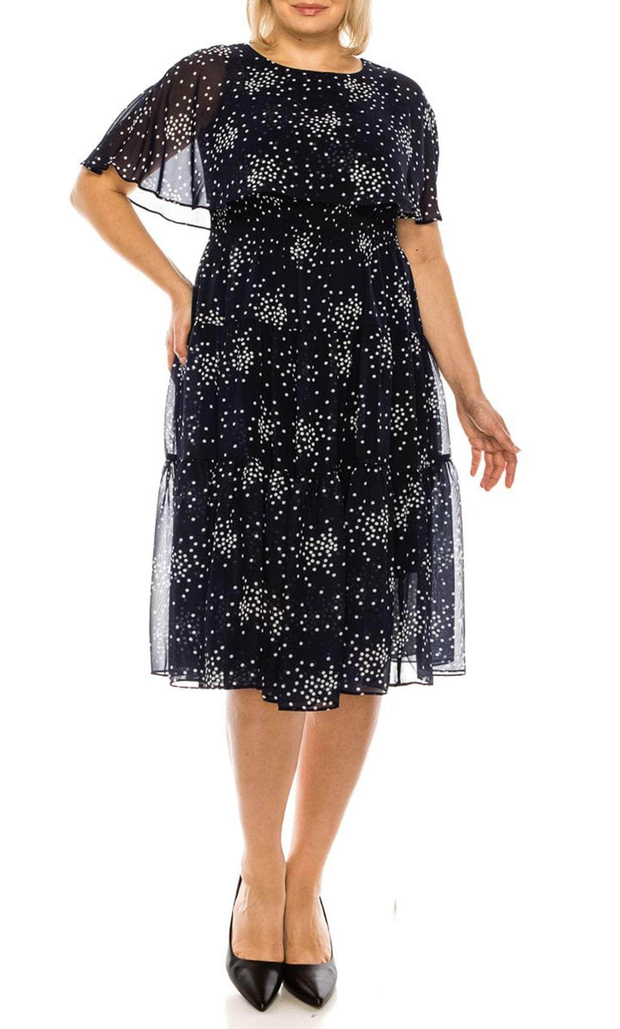 Maison Tara 91456M - Cape Sleeve Dot Print Cocktail Dress Special Occasion Dress 0 / Navy White