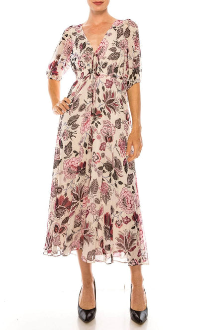 Maison Tara 91667M - Printed Long V Neck Dress Special Occasion Dress 0 / Stone Amethyst