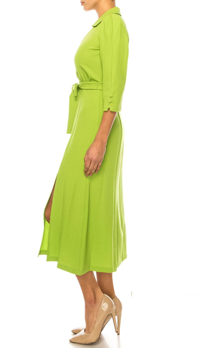 Maison Tara 91778M - Tea-Length Bubble Crepe A-Line Dress - Puff Quarter Sleeve, Collared, Buttons, Removable Sash Belt, Side Slit, Full Back ADASA Maison Tara 91778M - Tea-Length Bubble Crepe A-Line Dress - Puff Quarter Sleeve, Collared, Buttons, Removable Sash Belt, Side Slit, Full Back ADASA