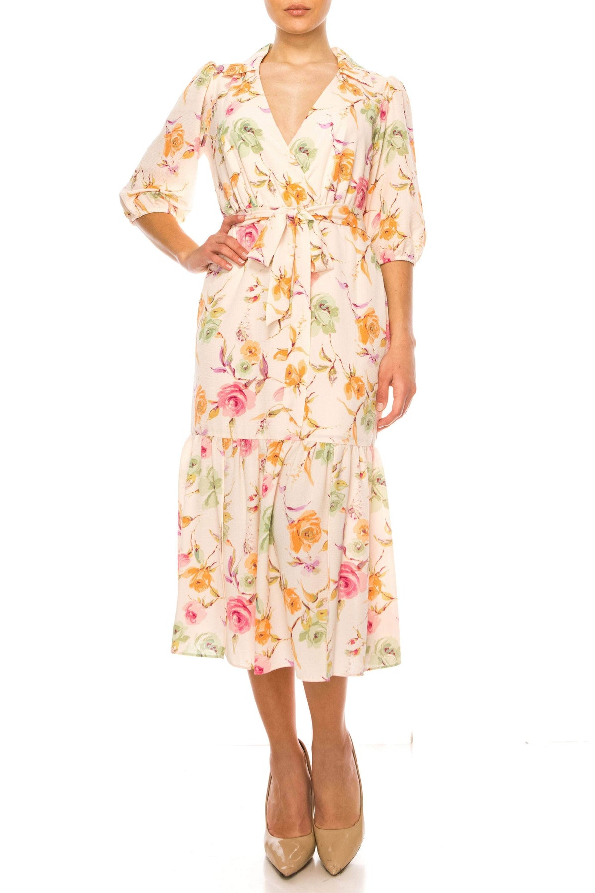 Maison Tara 92033M - Faux Wrap Floral Printed Formal Dress 6 / Peach Multi - Shop Maison Tara Dresses On Couture Candy at CoutureCandy.com Maison Tara 92033M - Faux Wrap Floral Printed Formal Dress 6 / Peach Multi - Shop Maison Tara Dresses On Couture Candy at CoutureCandy.com