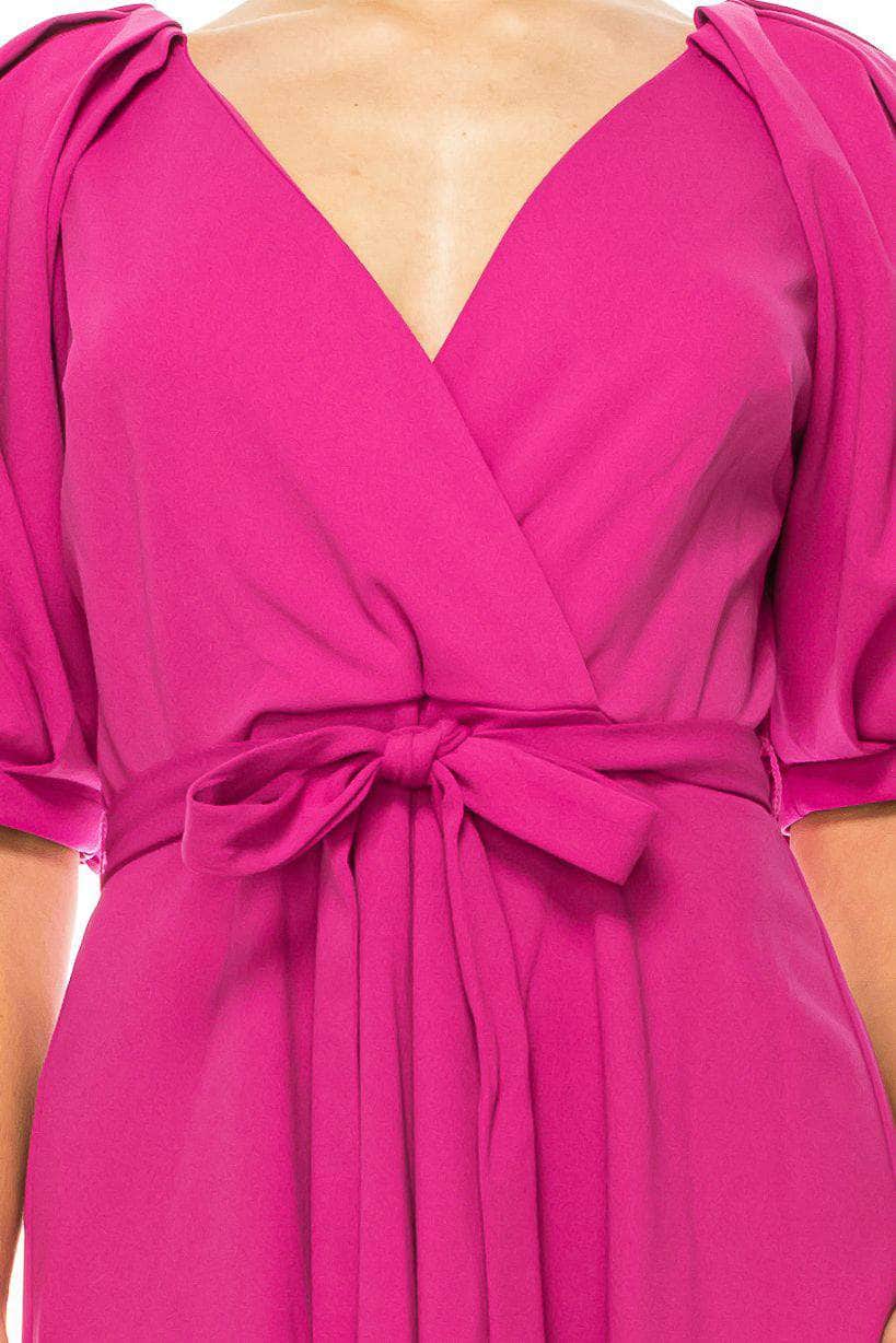 Maison Tara 95788M - Knee-Length Crepe A-Line Dress - Short Puff Sleeves, Wrap Style Bodice, Belted Sash, Full Back, Back Zipper Closure, Pleated 4 / Maison Tara 95788M - Knee-Length Crepe A-Line Dress - Short Puff Sleeves, Wrap Style Bodice, Belted Sash, Full Back, Back Zipper Closure, Pleated 4 /