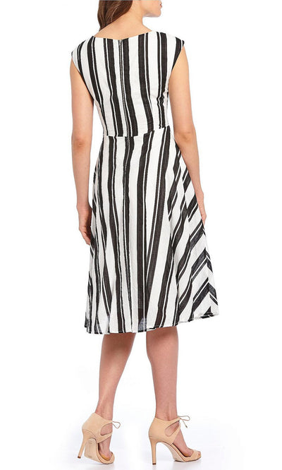 Maison Tara - 91061M Knee Length Cap Sleeve Stripe Ornate A-Line Dress In White and Black