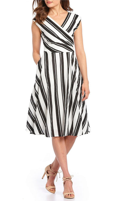 Maison Tara - 91061M Knee Length Cap Sleeve Stripe Ornate A-Line Dress In White and Black