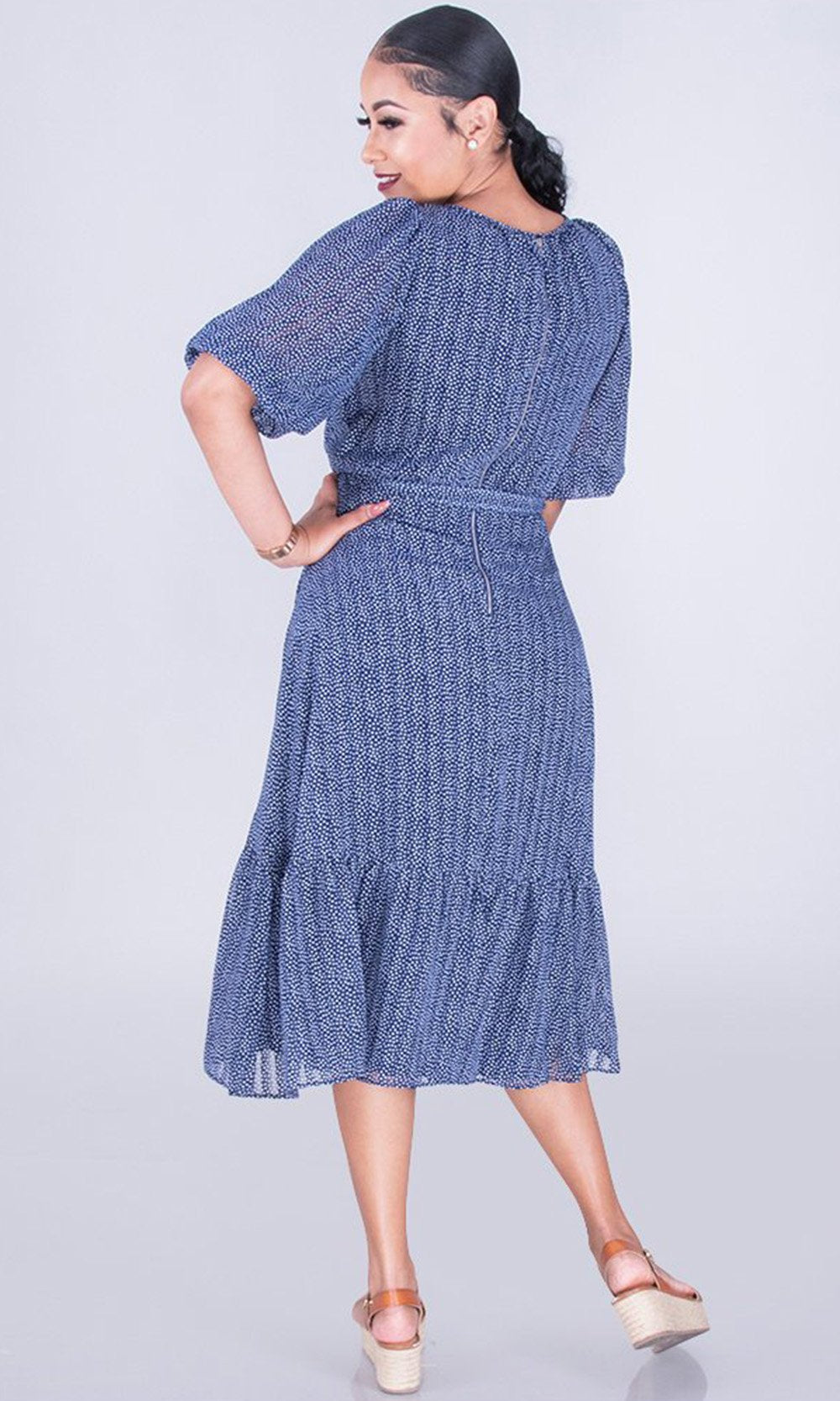 Maison Tara - 91046M Tea Length Polkadot Wrap Dress In Blue