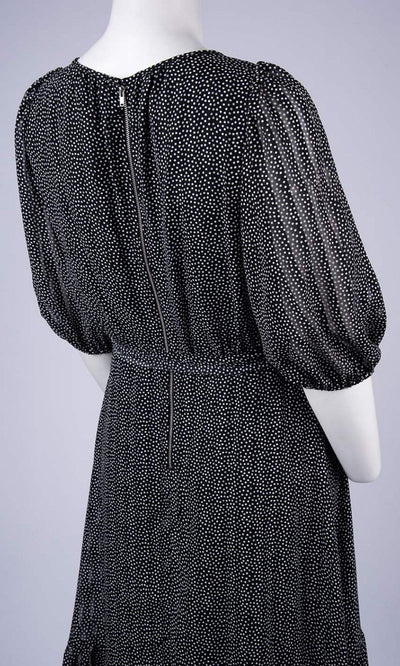Maison Tara - 91046M Tea Length Polkadot Wrap Dress In Black and White