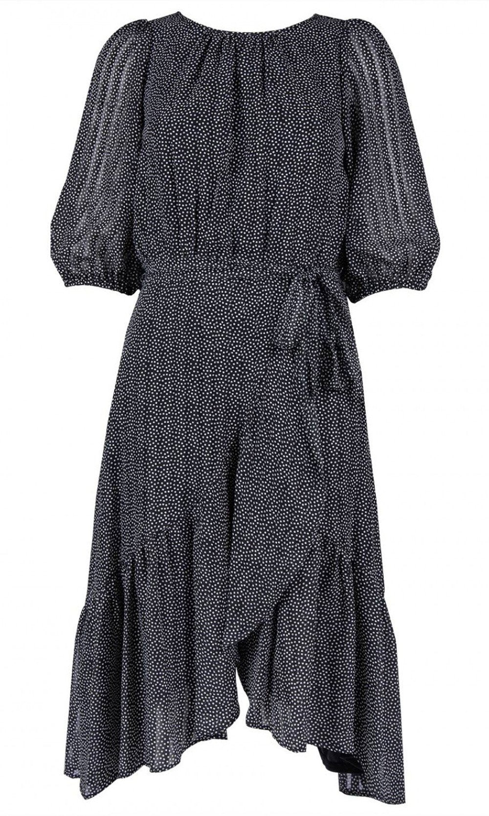 Maison Tara - 91046M Tea Length Polkadot Wrap Dress In Black and White