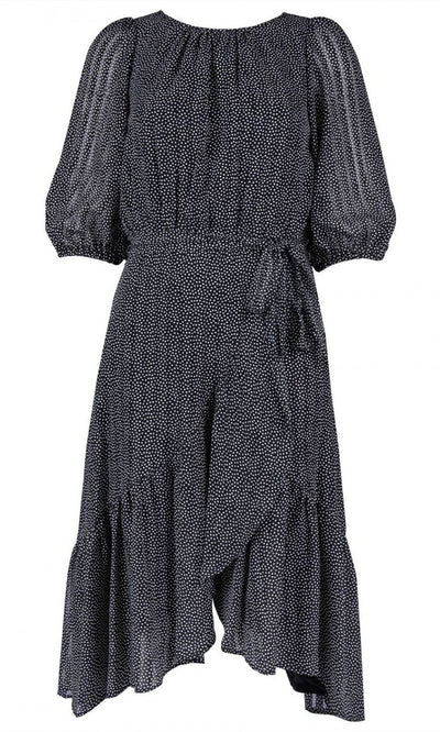 Maison Tara - 91046M Tea Length Polkadot Wrap Dress In Black and White