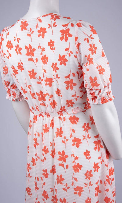 Maison Tara - 95014M Floral Print V Neck Faux Wrap Dress In White and Orange