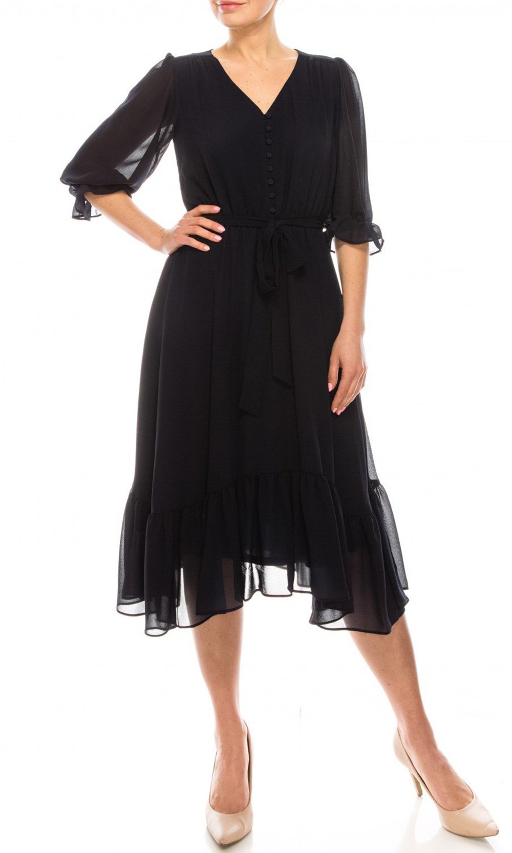 Maison Tara - 91084M V Neck Button Front Ruffle Trim A-Line Dress In Blue