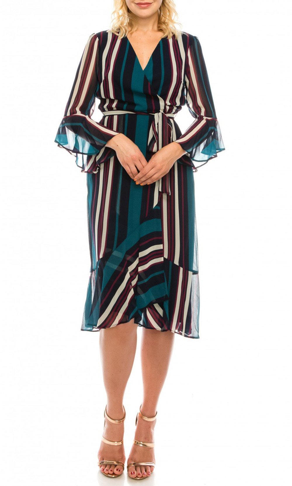 Maison Tara - 91116M Tea Length Stripe Wrap Chiffon Dress In Green and Multi-Color