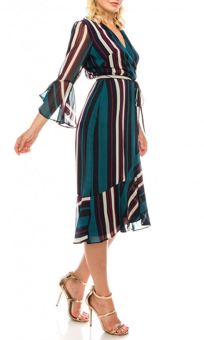 Maison Tara - 91116M Tea Length Stripe Wrap Chiffon Dress In Green and Multi-Color