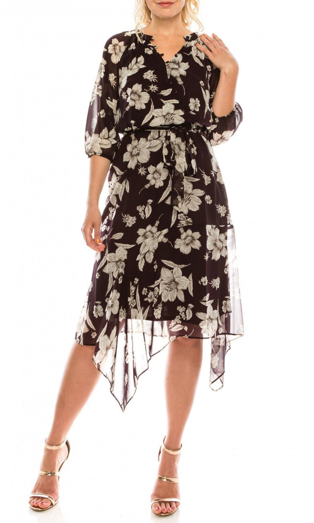 Maison Tara - 91136M Tea Length Floral Faux Wrap Style Dress In Purple and Floral