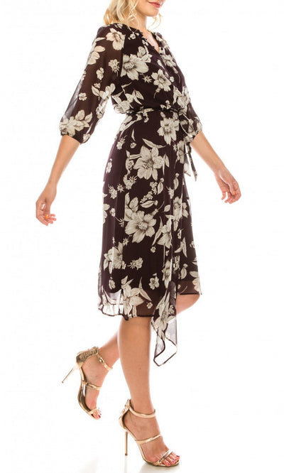 Maison Tara - 91136M Tea Length Floral Faux Wrap Style Dress In Purple and Floral