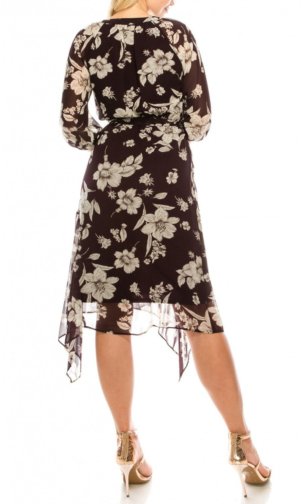 Maison Tara - 91136M Tea Length Floral Faux Wrap Style Dress In Purple and Floral