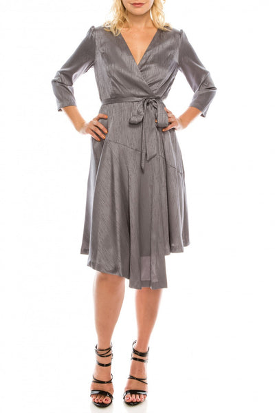 London Times - T4839M Three Quarter Sleeve Twill Faux Wrap Dress In Gray and Silver