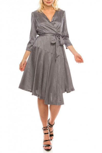London Times - T4791M Three Quarter Sleeve Twill Faux Wrap Dress In Gray and Silver