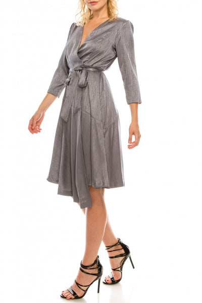 Gabby Skye - 18514M Three Quarter Sleeve Twill Faux Wrap Dress In Gray and Silver