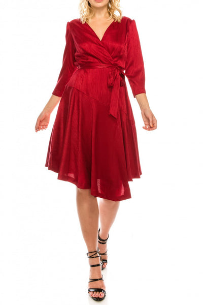 London Times - T4791M Three Quarter Sleeve Twill Faux Wrap Dress In Red