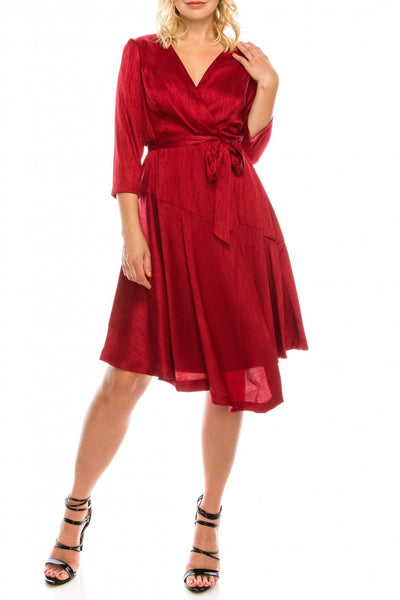 London Times - T4896M Three Quarter Sleeve Twill Faux Wrap Dress In Red