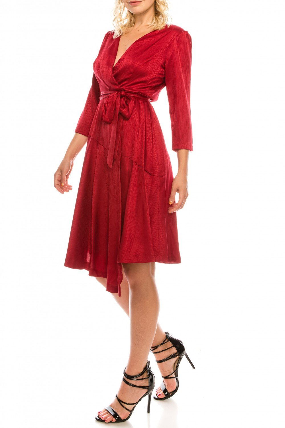 London Times - T4839M Three Quarter Sleeve Twill Faux Wrap Dress In Red
