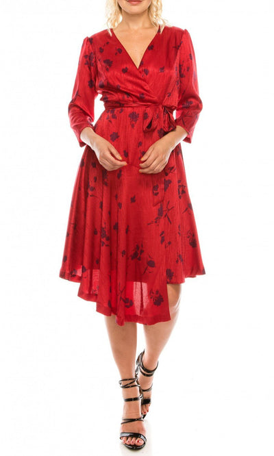 Maison Tara - 91143M Three Quarter Sleeve Twill Faux Wrap Dress In Red and Floral