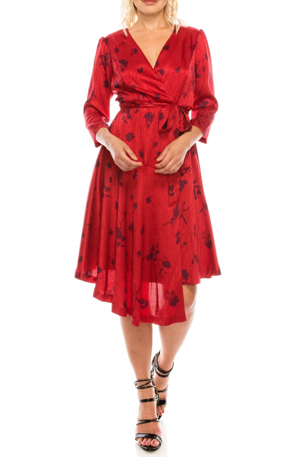 London Times - T4896M Three Quarter Sleeve Twill Faux Wrap Dress In Red and Floral