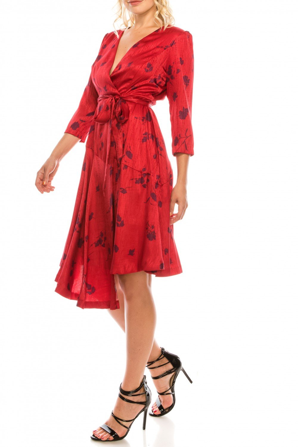 London Times - T4839M Three Quarter Sleeve Twill Faux Wrap Dress In Red and Floral